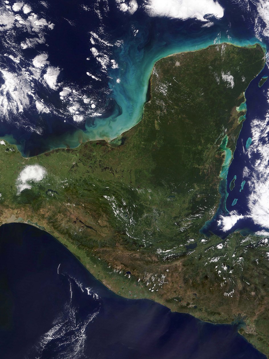 Półwysep Jukatan, południowo-wschodni Meksyk, oddzielający Zatokę Meksykańską od Morza Karaibskiego sfotografowany przez Satellite. Kredyt NASA. Nauka Ziemia Geologia Oceanografia autorstwa National Aeronautics and Space Administration National Aeronautics and Space Administration