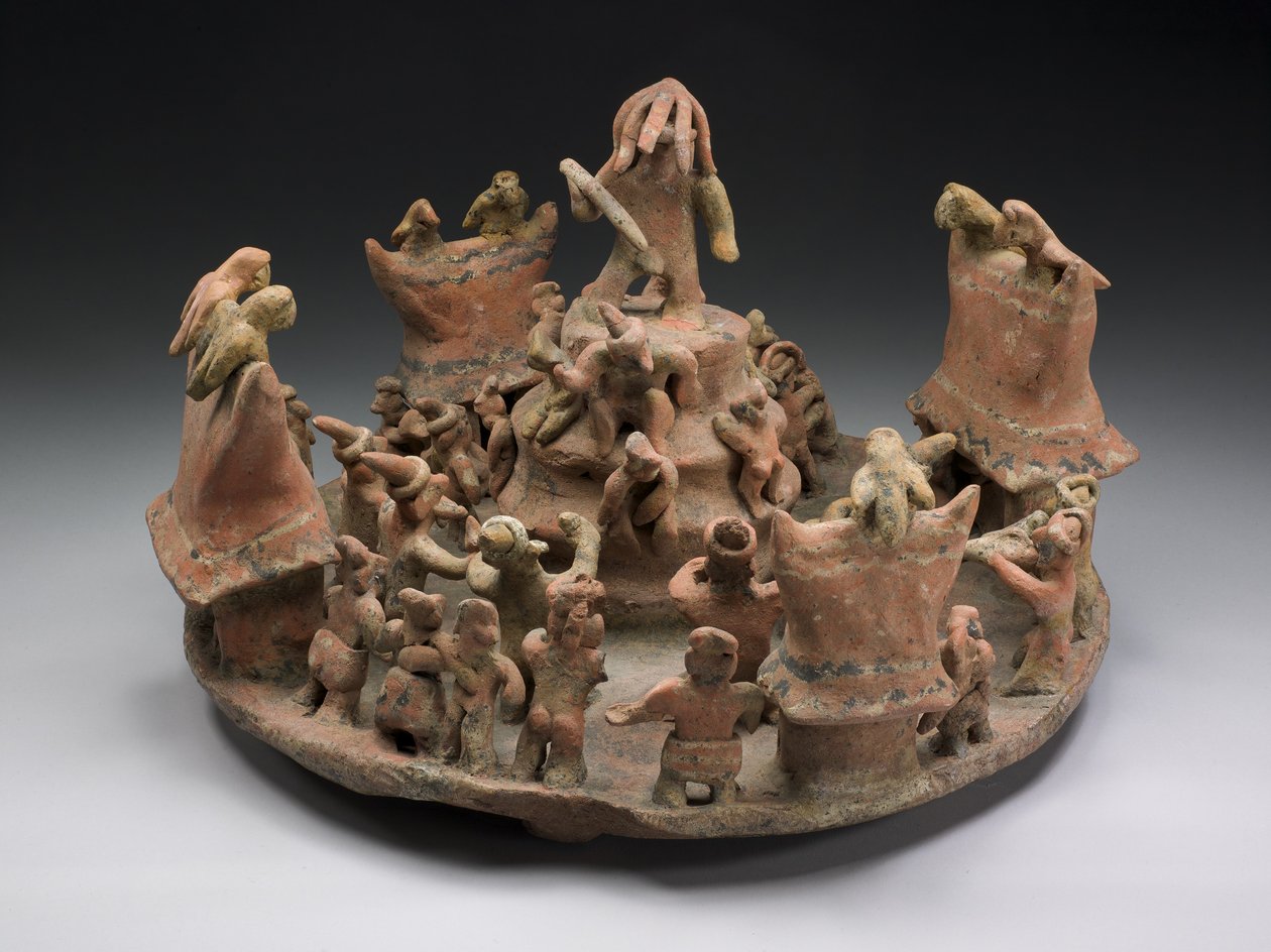 Model przedstawiający centrum rytualne, 100-800 n.e. (ceramika i pigment) autorstwa Nayarit Culture