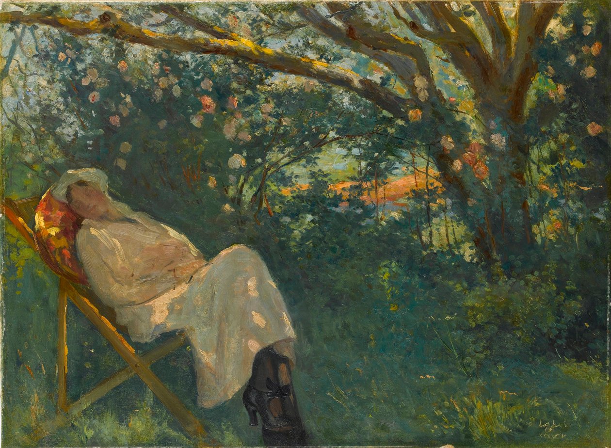 "Lady in Pink na szezlongu" Obraz Nazmi Ziya Gueran (1881-1937) - 1904 - Olej na płótnie Dim 54x73 cm Muzeum Sakip Sabanci, Stambuł autorstwa Nazmi Ziya Gueran