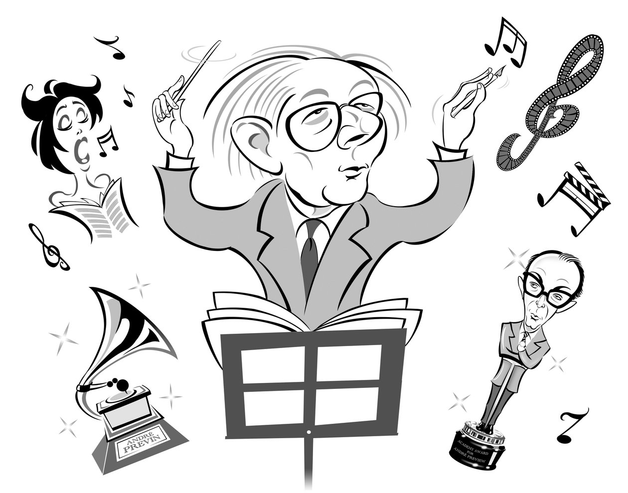 Andre Previn, urodzony w Niemczech amerykański pianista, kompozytor i dyrygent (ur. 1929); karykaturalne dyrygowanie i pisanie muzyki filmowej; z Ericiem Morecambe jako Oscarem w odniesieniu do pojawienia się Previnsa autorstwa Neale Osborne