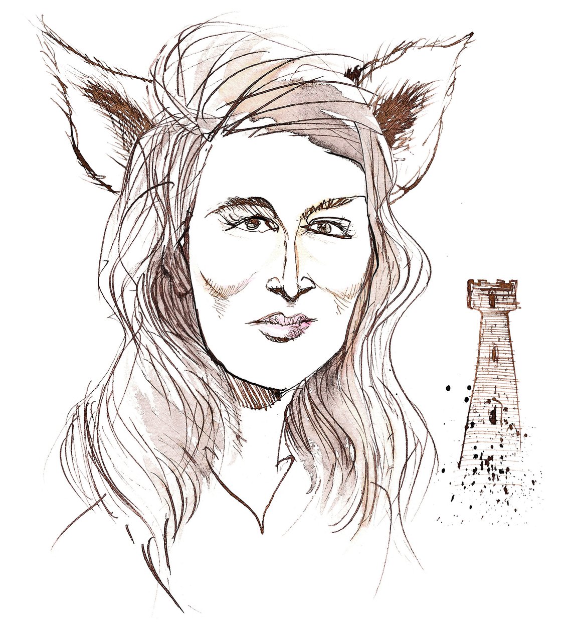 Angela Carter, angielska powieściopisarka i dziennikarka; karykaturalne z wilczymi uszami nawiązujące do jej opowiadania Towarzystwo wilków z książki Krwawa komnata (1979) autorstwa Neale Osborne