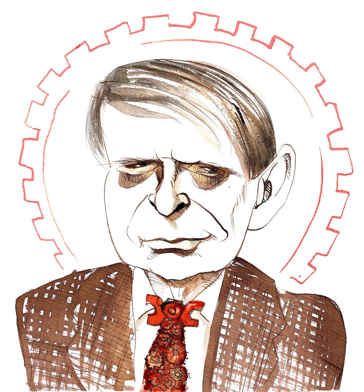 Anthony Burgess, angielski powieściopisarz, krytyk, poeta, dramaturg, tłumacz i kompozytor; karykaturalny krawatem w mechanicznej pomarańczy, nawiązujący do jego noweli Mechaniczna pomarańcza (1962)AB: 25 lutego 1917 autorstwa Neale Osborne