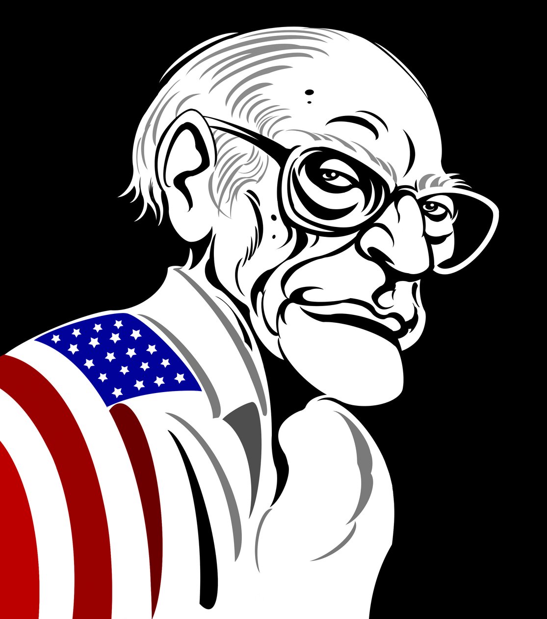 Arthur Miller, amerykański dramaturg (1915-2005); czarno-biała - kolorowa karykatura, udrapowana w amerykańską flagę autorstwa Neale Osborne