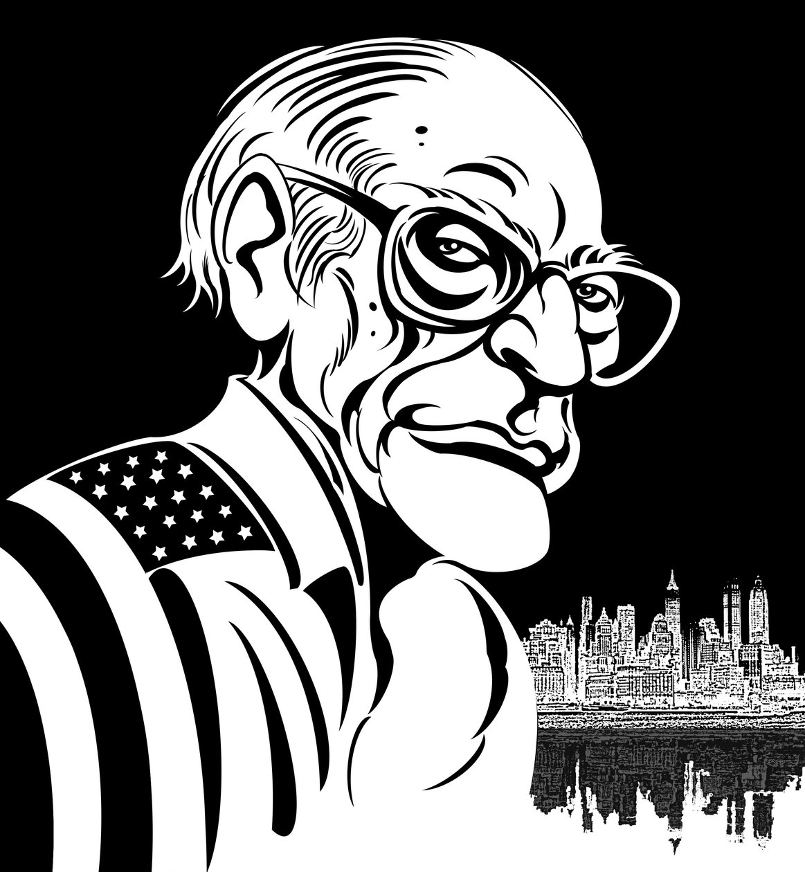 Arthur Miller, amerykański dramaturg (1915-2005); czarno-biała karykatura, udrapowana w amerykańską flagę autorstwa Neale Osborne