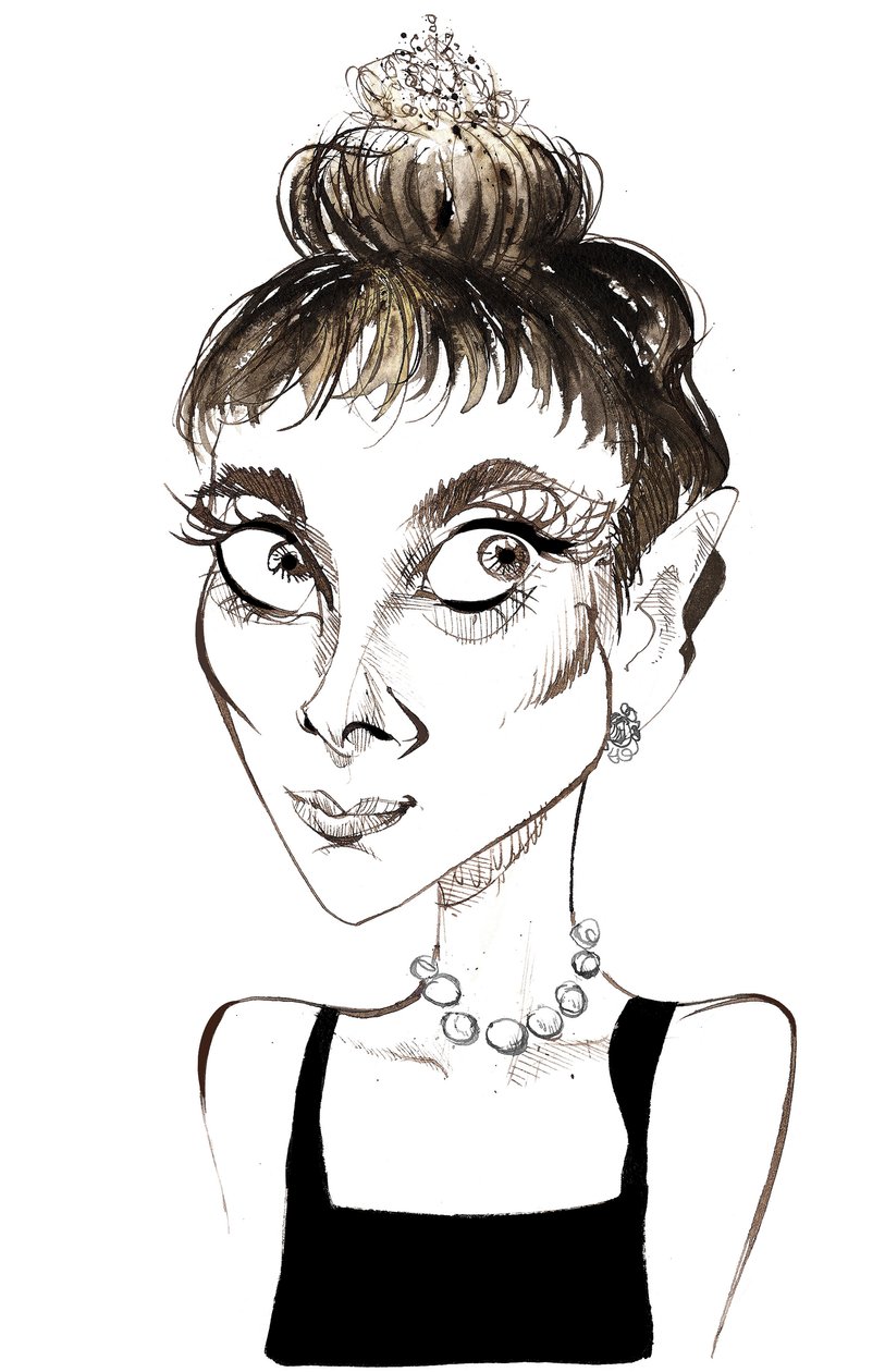 Audrey Hepburn (1929-1993) urodzona w Belgii aktorka, kolorowa karykatura jako Holly Golightly z filmu Breakfast at Tiffanys z 1961 roku (reż. Blake Edwards) autorstwa Neale Osborne