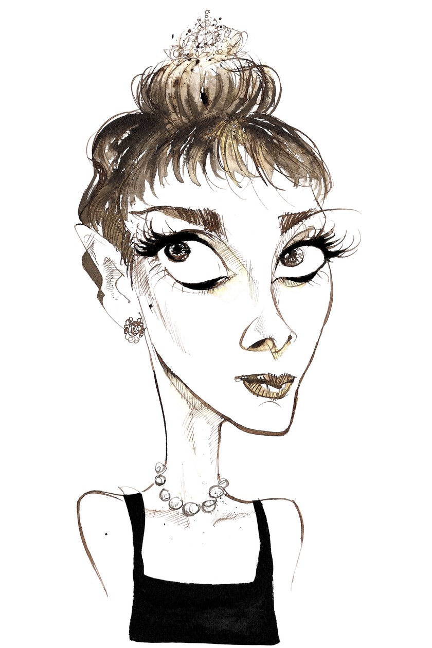Audrey Hepburn (1929-1993) urodzona w Belgii aktorka, kolorowa karykatura jako Holly Golightly z filmu Breakfast at Tiffanys z 1961 roku (reż. Blake Edwards) autorstwa Neale Osborne