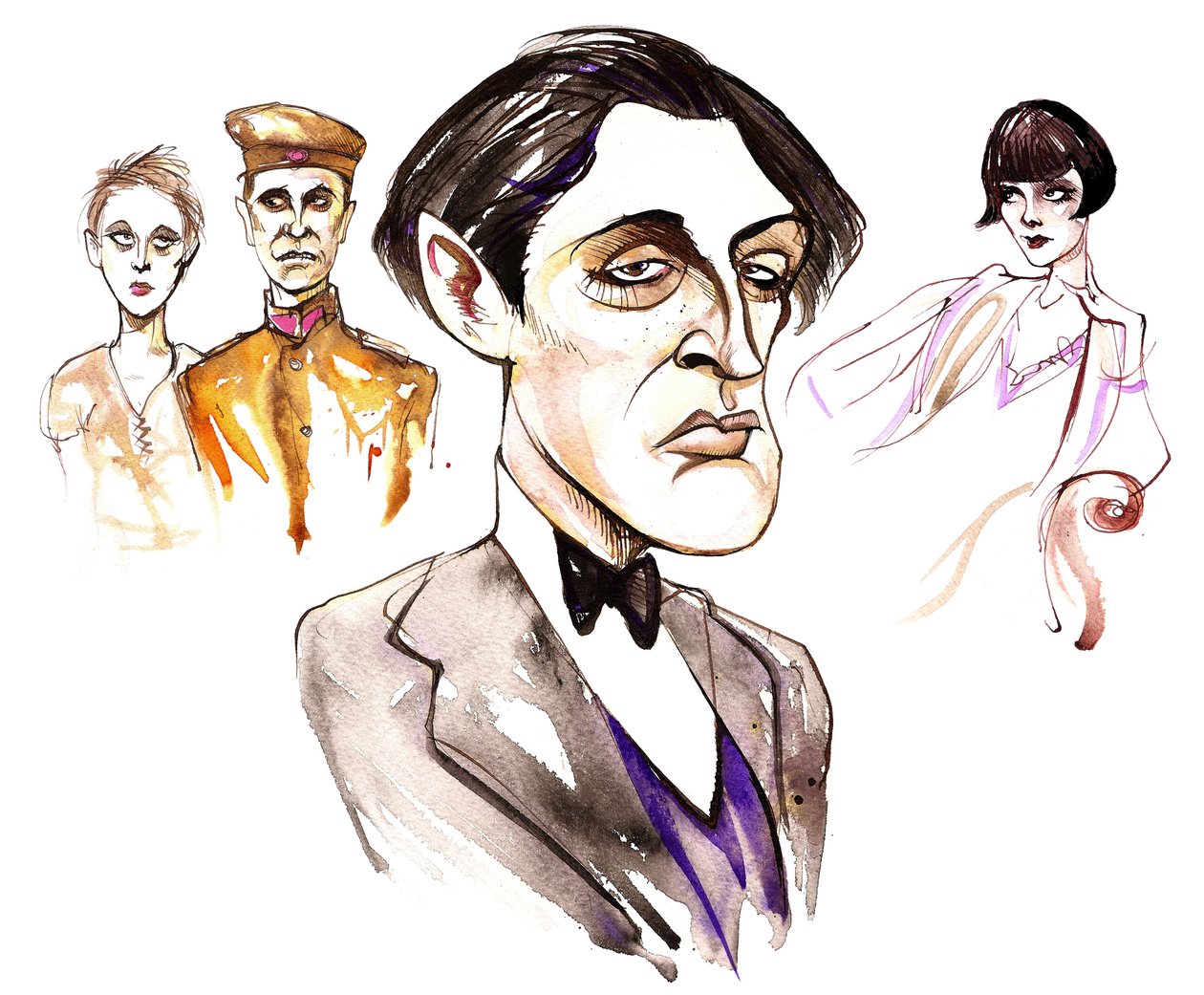 Austriacki kompozytor Alban Berg (1885-1935); karykaturalnie przedstawiony z postaciami ze swoich dwóch oper: Wozzeck z 1925 r. i Lulu z 1935 r. autorstwa Neale Osborne