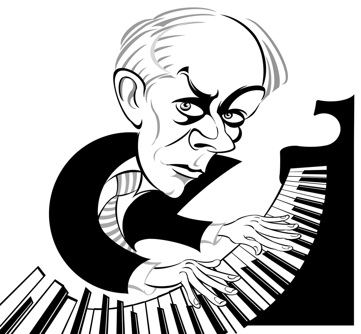 Bela Bartok węgierski kompozytor i pianista (1881 - 1945); czarno-biała karykatura przy fortepianie autorstwa Neale Osborne