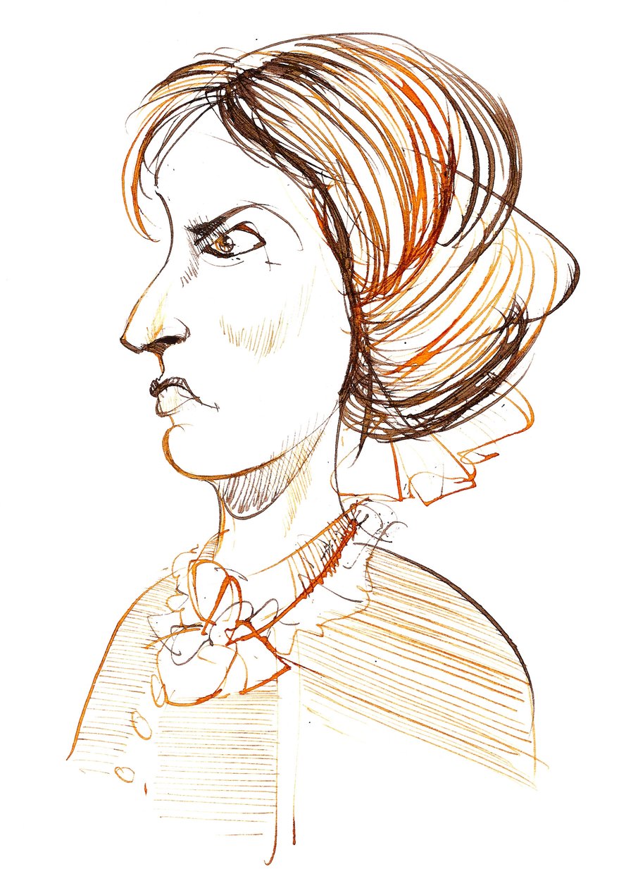 Charlotte Bronte - angielska powieściopisarka i poetka (1816 - 1855); karykatura w profilu autorstwa Neale Osborne