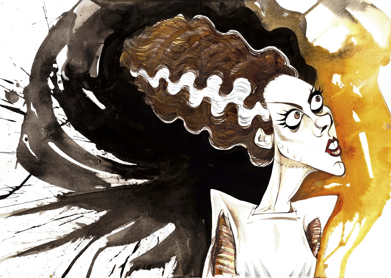 Elsa Lanchester, angielska aktorka (1902 - 1986); karykaturalna jako panna młoda z filmu Narzeczona Frankensteina z 1935 r. w reżyserii Jamesa Whale