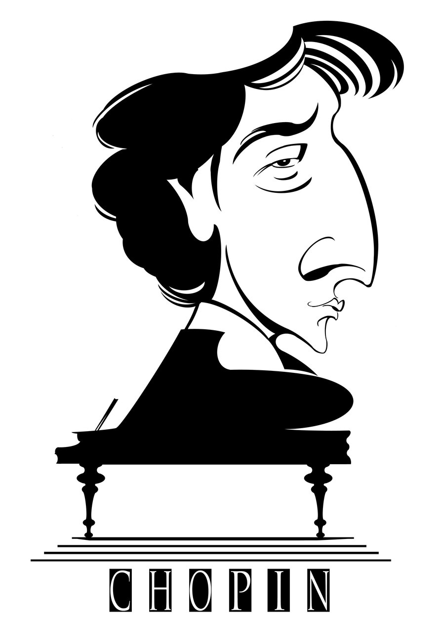 Fryderyk Chopin, francuski - urodzony w Polsce kompozytor i pianista (1810-49), bw karykatura graficzna z fortepianem autorstwa Neale Osborne