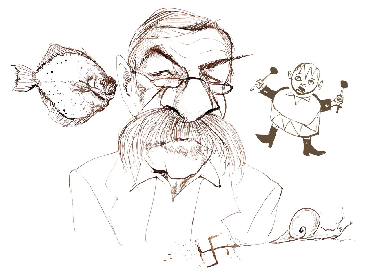 Günter Grass, niemiecki powieściopisarz, poeta, dramaturg i artysta; karykaturalne z odniesieniami do jego książek: Flądra - Der Butt (powieść 1977); Z pamiętnika ślimaka - Aus dem Tagebuch einer Schneke ( autorstwa Neale Osborne