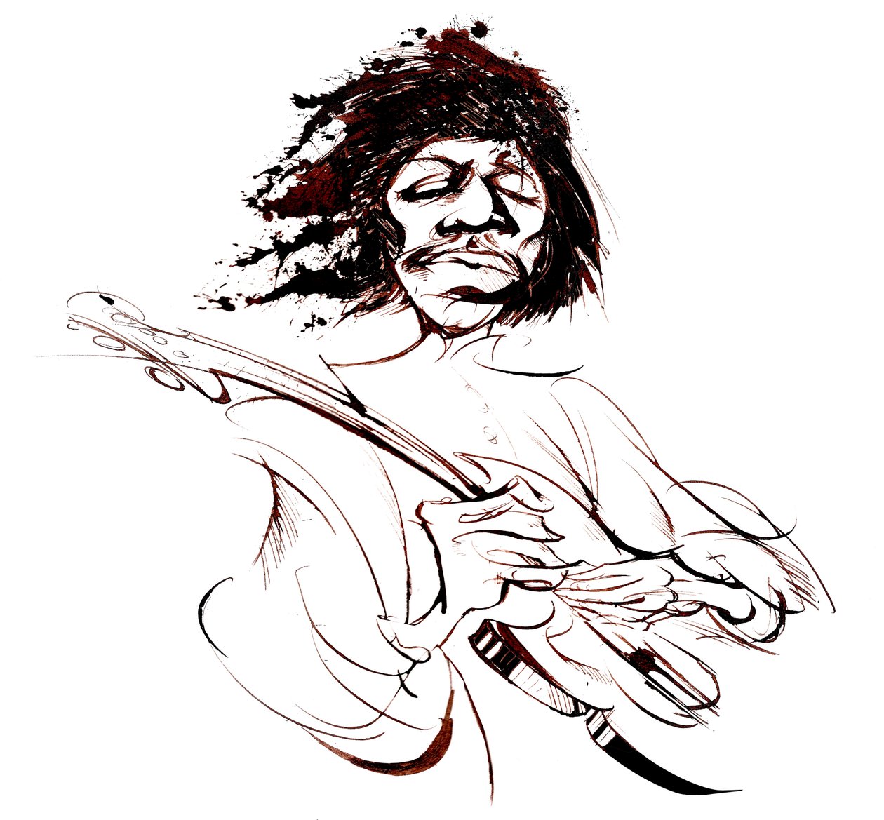 Jimi Hendrix, amerykański gitarzysta (1942-70), karykatura w sepii autorstwa Neale Osborne