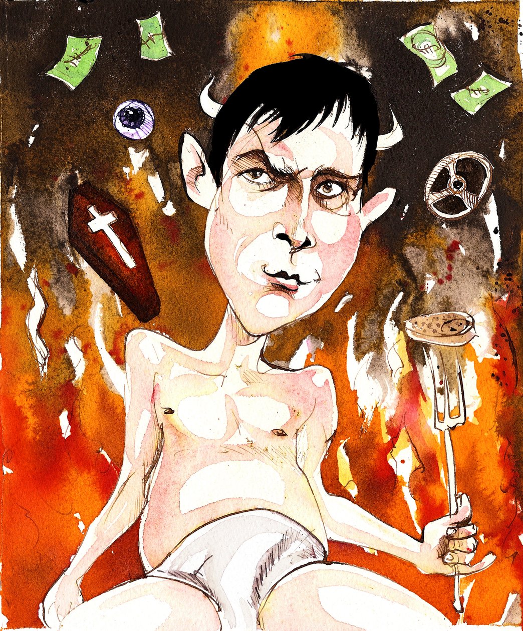 Joe Orton, angielski pisarz i dramaturg; karykatura nawiązująca do jego sztuk Zabawa pana Sloane