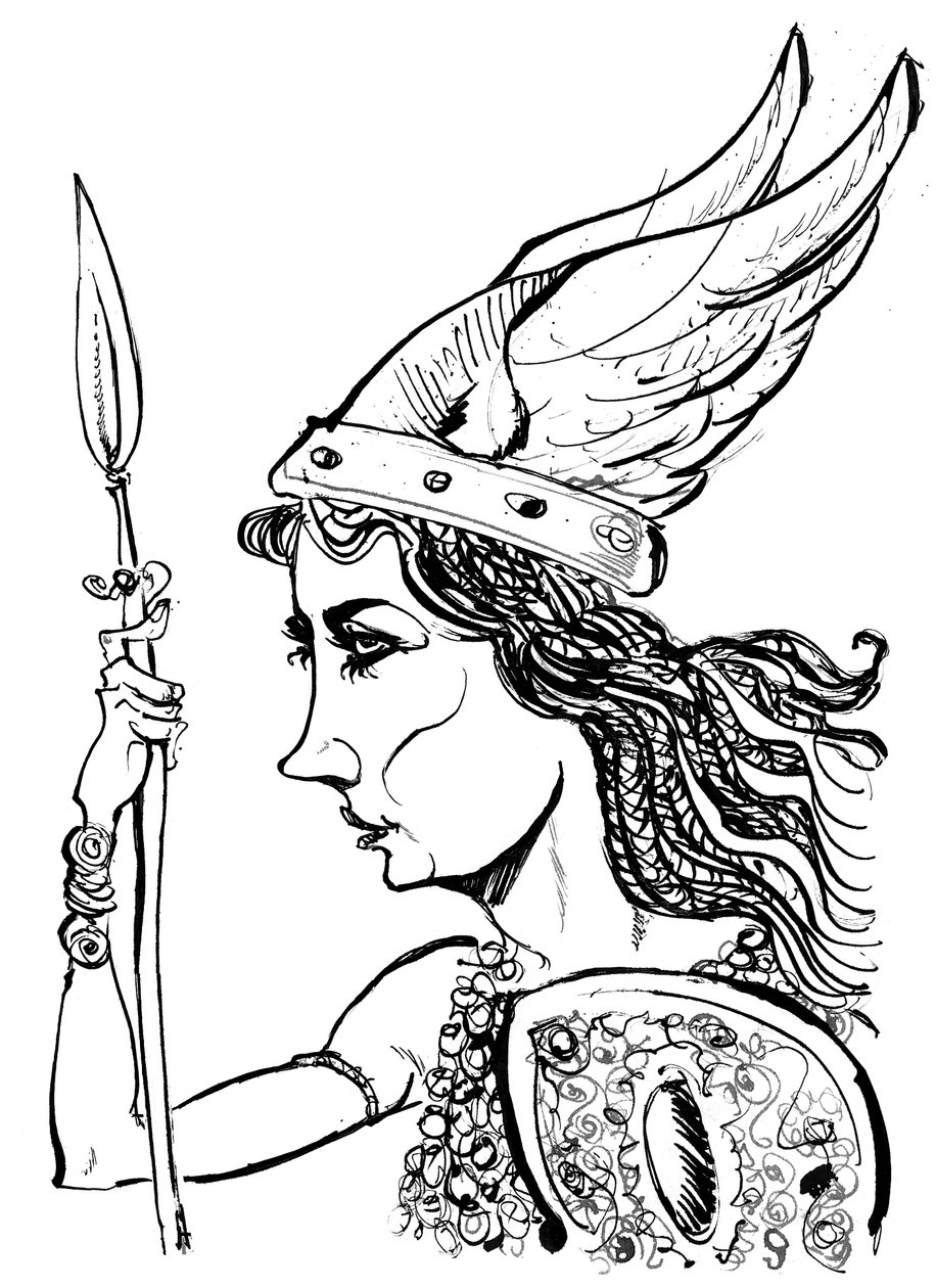 Kirsten Flagstad jako Brünnhilde z opery Walküre Richarda Wagnera (niemiecki kompozytor 1813-83); czarno-biała karykatura autorstwa Neale Osborne