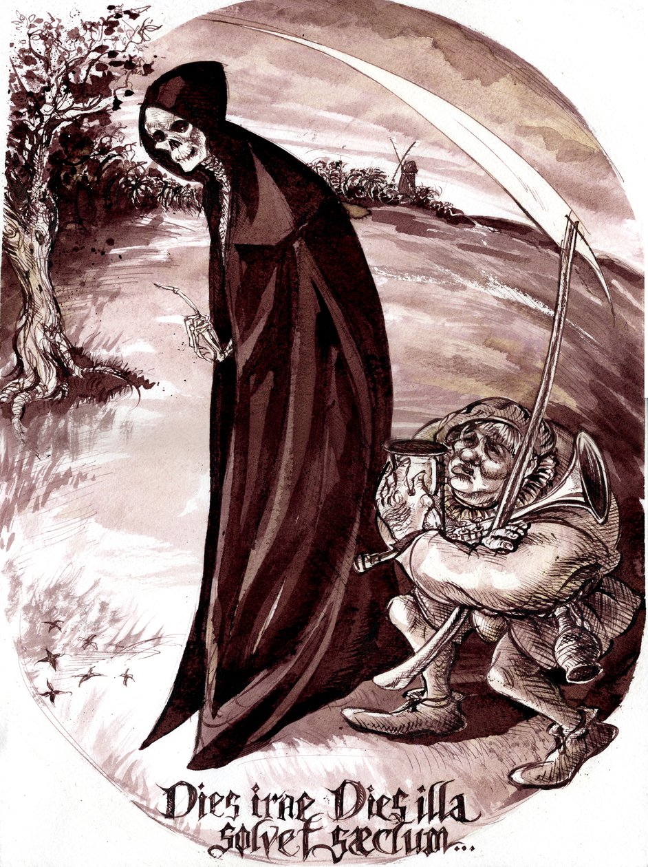 Le Grand Macabre - ilustracja postaci Nekrotzara i Piet the Pot z opery Gyorgy Ligeti z 1977 roku autorstwa Neale Osborne