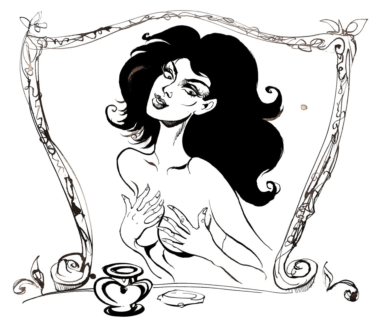 Małgorzata przed lustrzaną ilustracją do Mistrza i Małgorzaty Michaiła Bułhakowa (rosyjski dramaturg i pisarz, 1891-1940); rysunek tuszem, 2015 autorstwa Neale Osborne