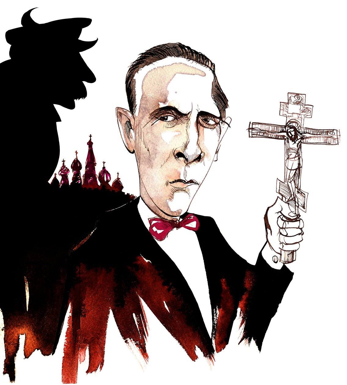 Michaił Bułhakow, rosyjski pisarz i dramaturg; karykatura w cieniu dyktatora Józefa Stalina, z krucyfiksem nawiązującym do powieści Bułhakowa Mistrz i Małgorzata (z lat 1928-40) autorstwa Neale Osborne