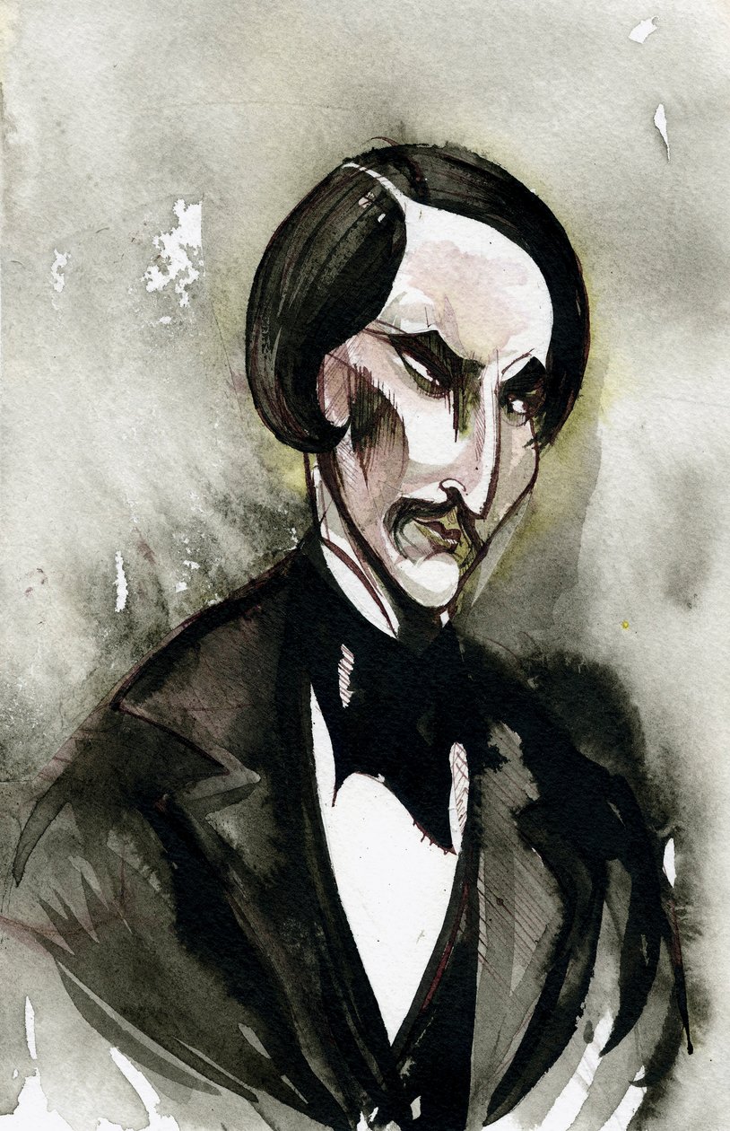 Nikołaj Gogol - karykatura urodzonego na Ukrainie rosyjskiego autora autorstwa Neale Osborne
