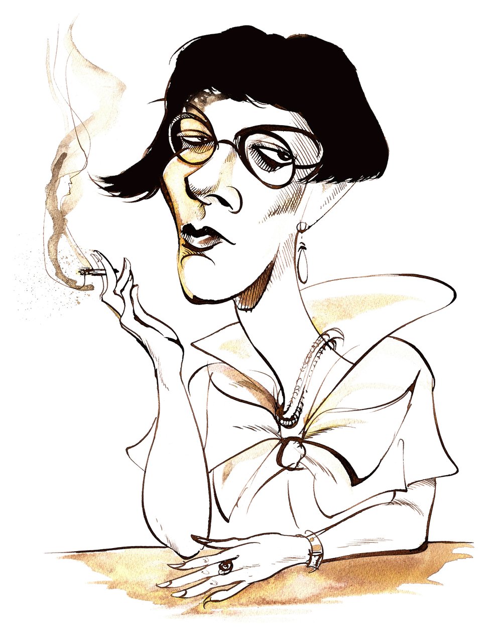 Sylvia Townsend Warner - karykatura trzymająca papierosa autorstwa Neale Osborne