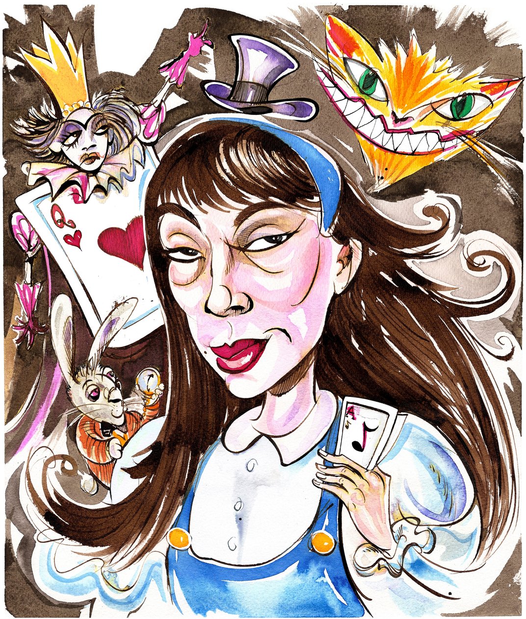 Unsuk Chin - karykatura jako Lewis Carrolls Alice, nawiązująca do jej opery Alicja w Krainie Czarów z 2007 roku autorstwa Neale Osborne