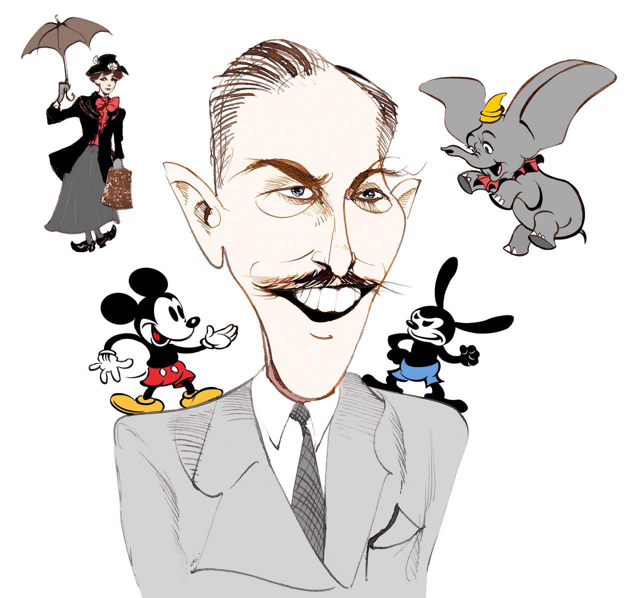 Walt Disney, amerykański producent filmowy, magnat biznesowy, rysownik i animator; karykaturalne z Mary Poppins autorstwa Neale Osborne