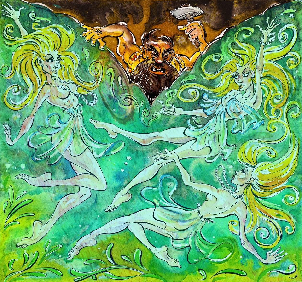 Alberich and the Rhinemaidens- ilustracja „Das Rheingold” autorstwa Neale Osborne