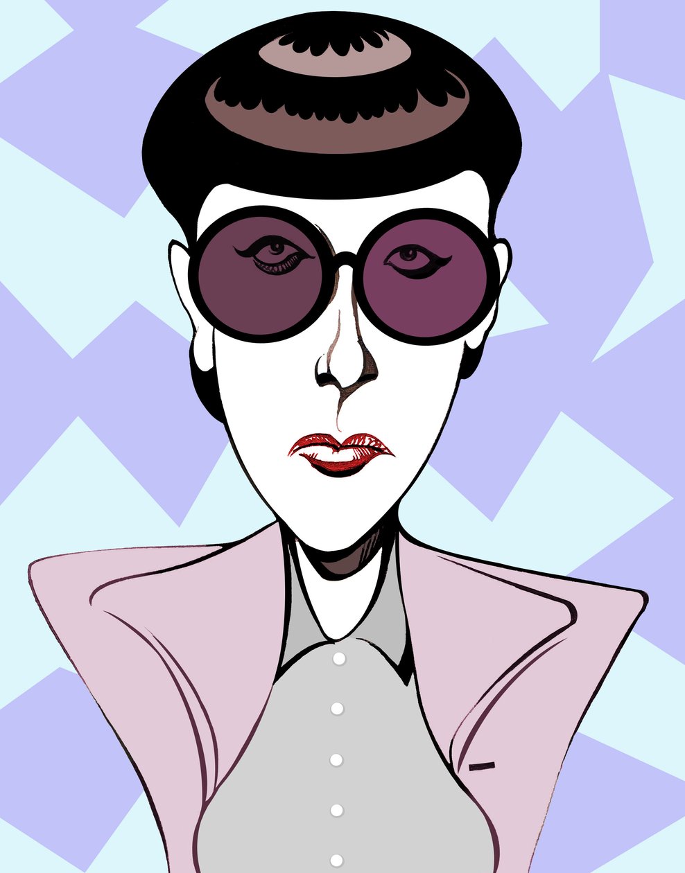 Edith Head, amerykańska projektantka kostiumów (1907 - 1981), kolorowa karykatura z ciemnymi okularami autorstwa Neale Osborne