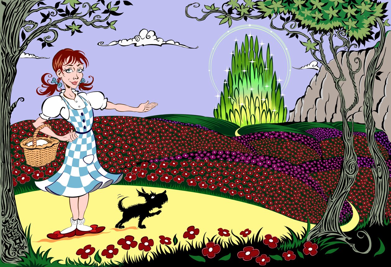 „Wspaniały czarnoksiężnik z krainy Oz”: Dorothy i Toto na drodze z żółtej cegły w drodze do Szmaragdowego Miasta autorstwa Neale Osborne