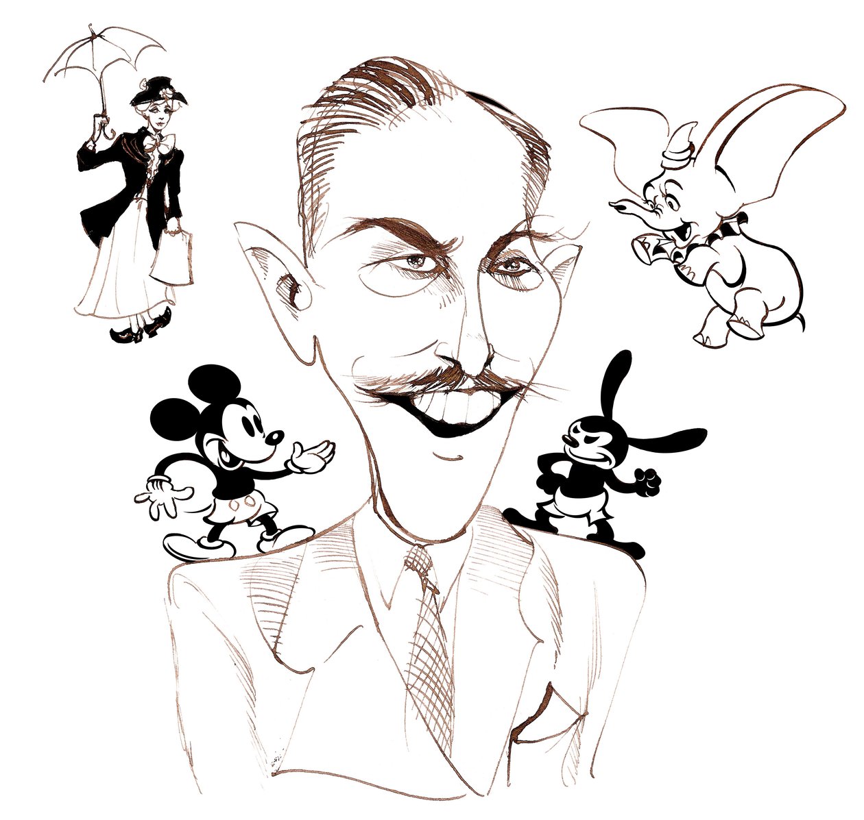 Walt Disney, amerykański producent filmowy, magnat biznesowy, rysownik i animator; karykatura z Mary Poppins autorstwa Neale Osborne