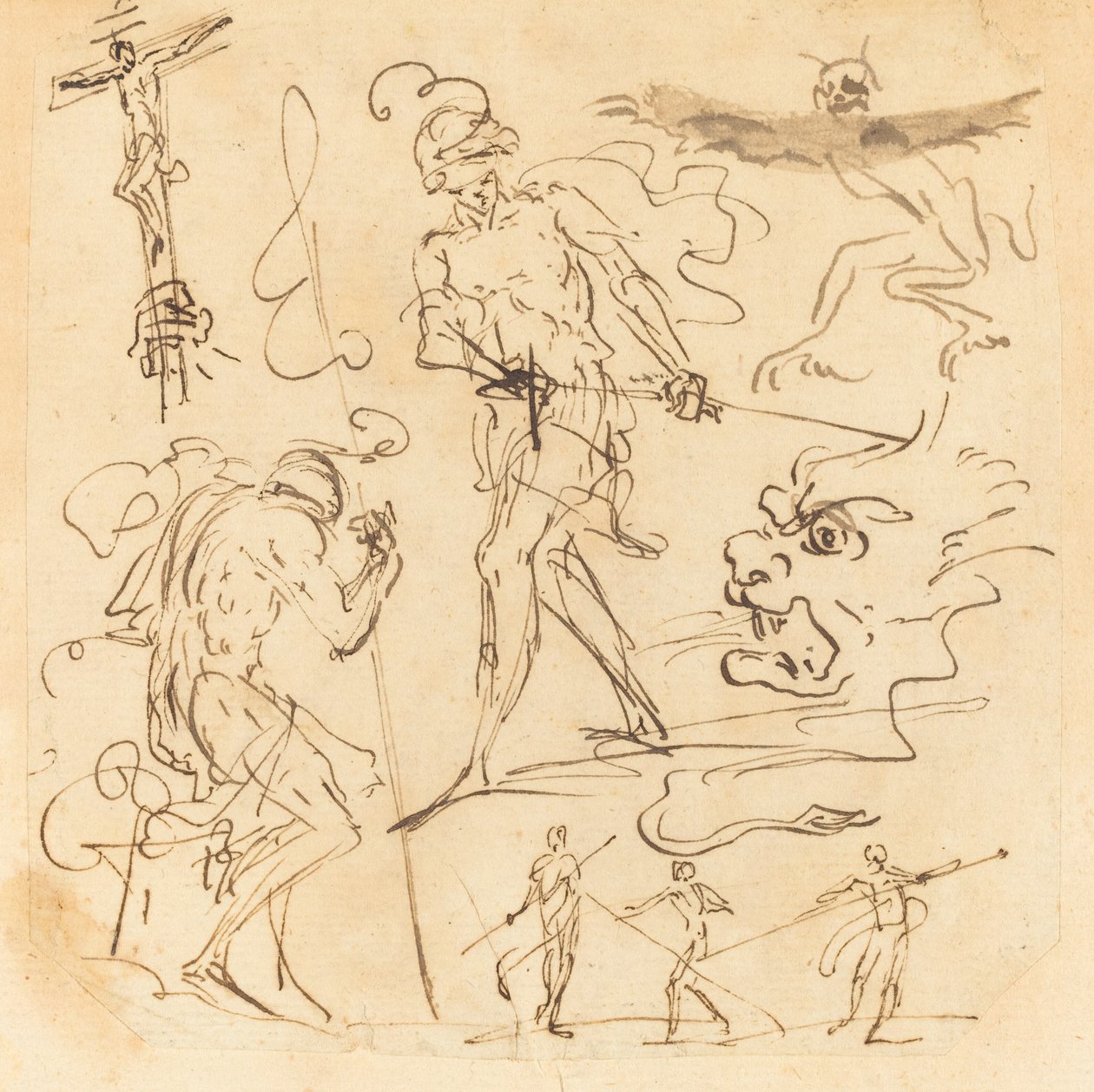 Arkusz studiów z żołnierzem rysującym miecz, krucyfiksem, potwornymi zwierzętami i innymi figurami autorstwa Neapolitan 17th Century