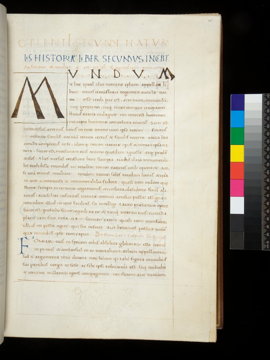Pani 394,1. Pliniusz Starszy, Historia naturalis, f.26r. Inicjał pióra [M] dodany w wydzielonym miejscu pozostawionym pustym przez dekoratora, Neapol, poł. XV w., ok. 1442 (pergamin) autorstwa Neapolitan School