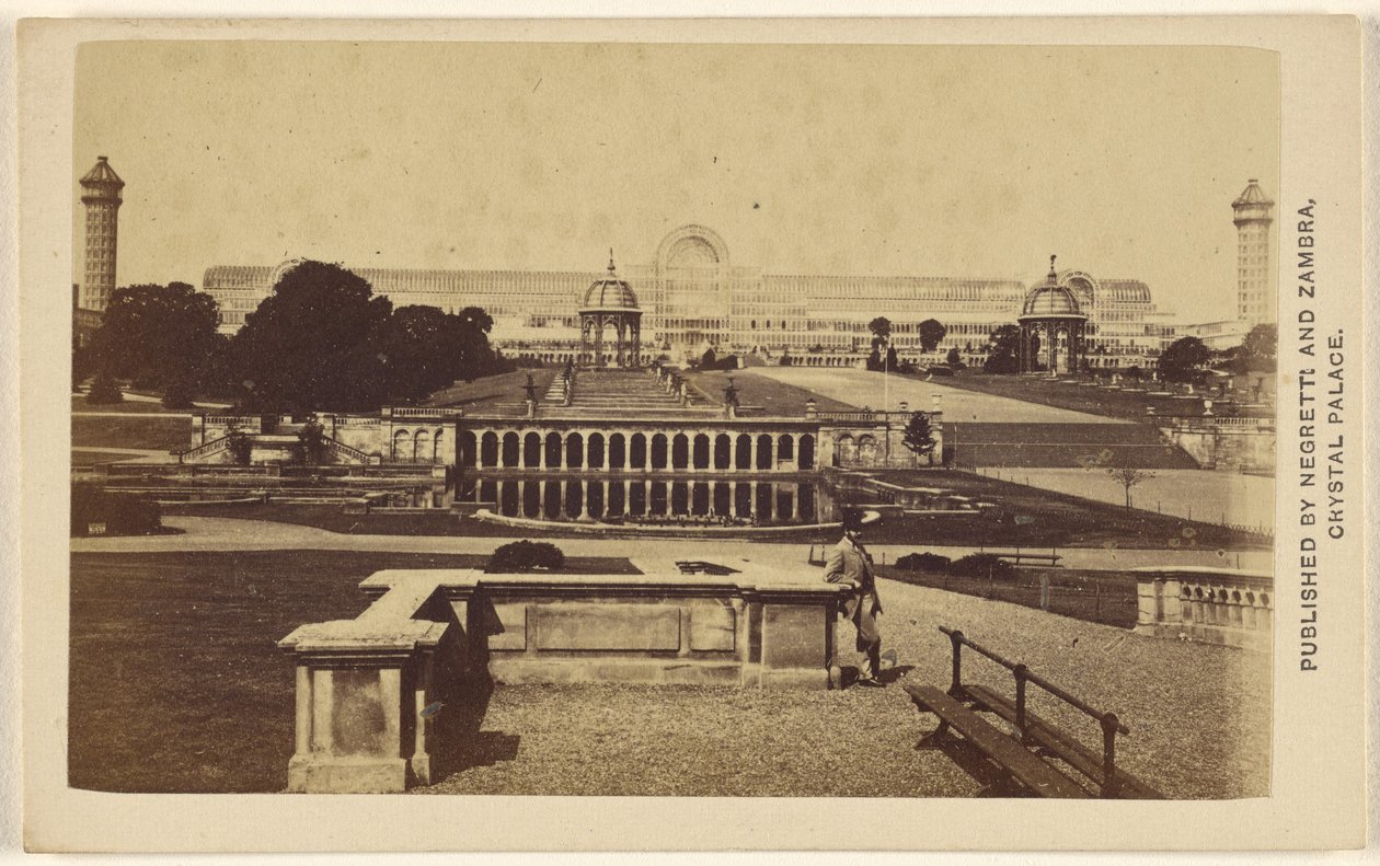 [Długi widok z zewnątrz na budynek i teren The Crystal Palace]. autorstwa Negretti and Zambra