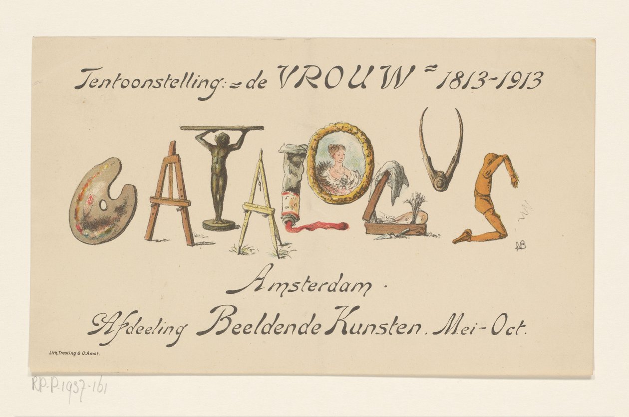 Karta zapowiedzi wystawy De Vrouw, 1813-1913 (tytuł na obiekcie) autorstwa Nelly Bodenheim (signed by artist)
