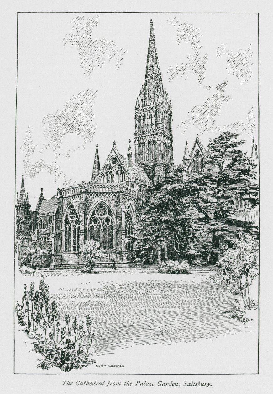 Katedra z ogrodu pałacowego, Salisbury (litografia) autorstwa Nelly Erichsen