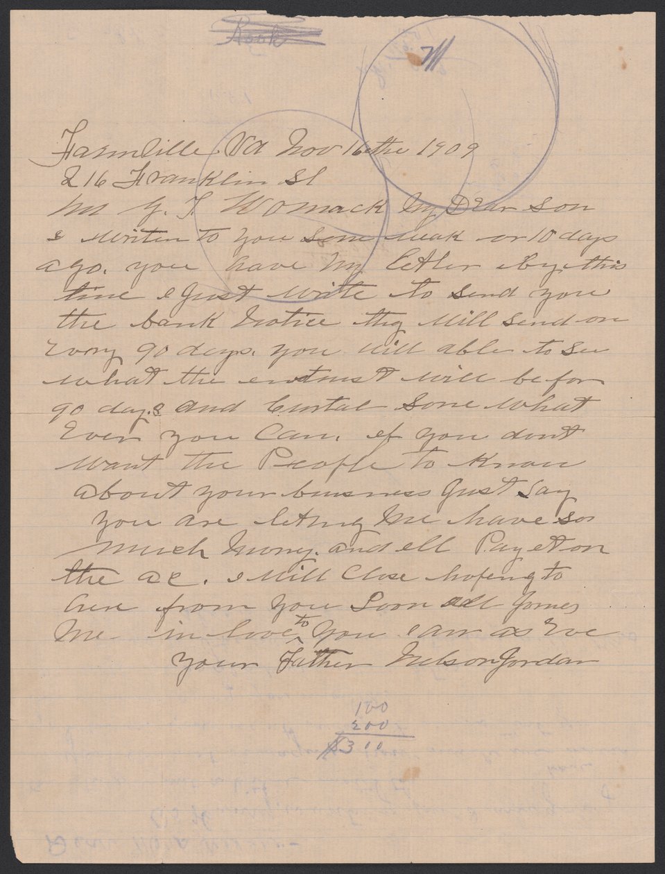 List Nelsona Jordana do Julii Womack z kopertą, 16 listopada 1909 r. autorstwa Nelson Jordan