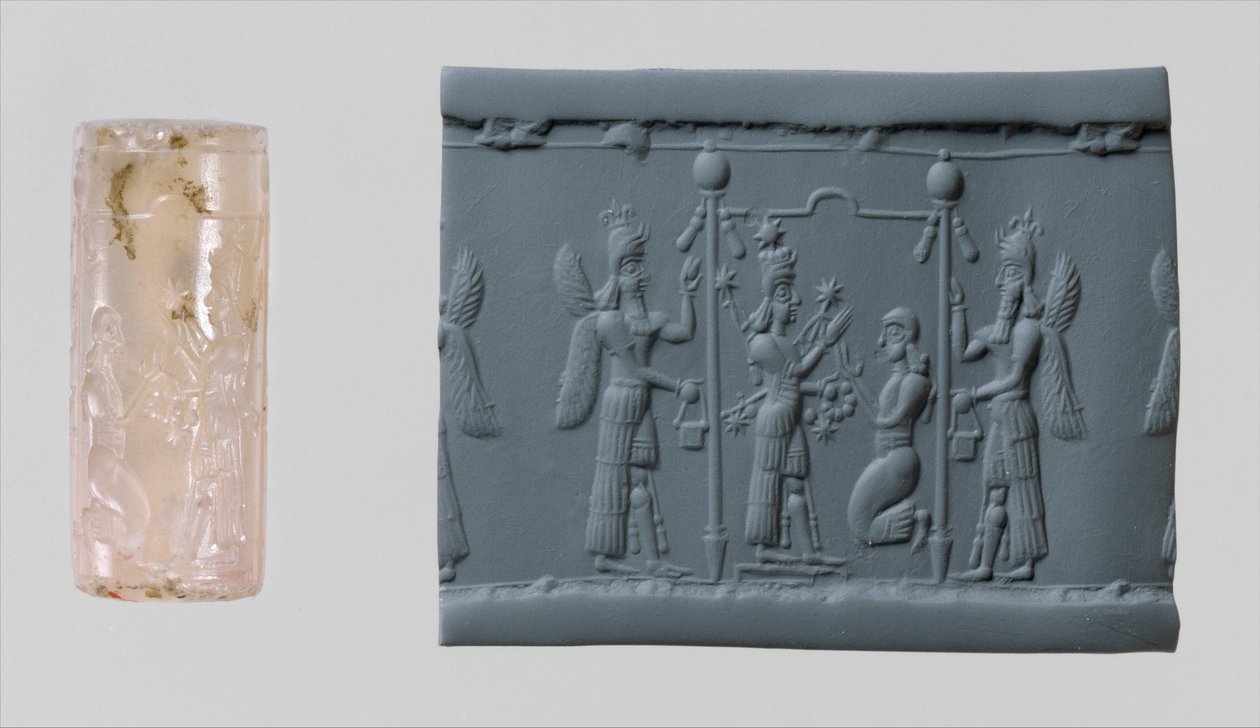 Pieczęć cylindryczna Isztar i współczesny odcisk, ok. 1930 r. 8-7 wpne (chalcedon) autorstwa Neo Assyrian Neo Assyrian