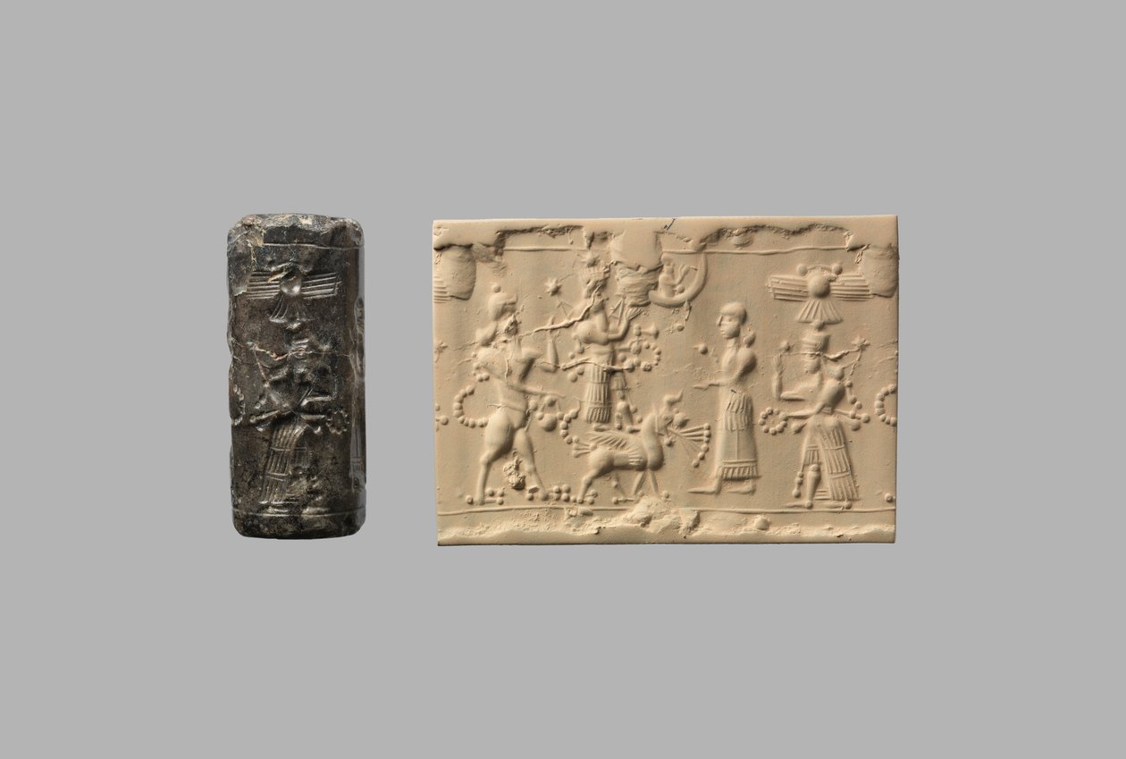 Pieczęć cylindryczna z odciskiem człowieka-skorpiona i współczesną, ok. VIII–VII w. p.n.e. (kwarc, kryptokrystaliczny) autorstwa Neo Assyrian
