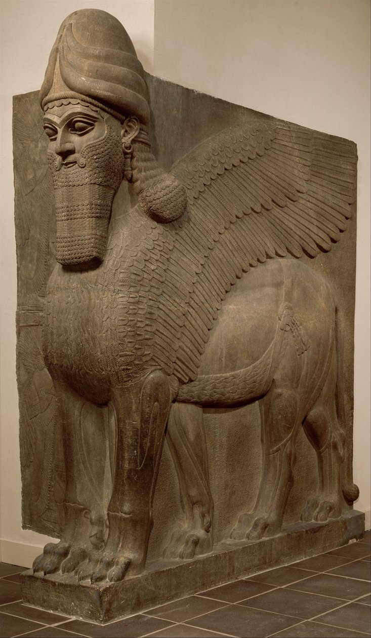 Skrzydlaty lew z głową człowieka (lamassu), c.883-859 pne (alabaster gipsowy) autorstwa Neo Assyrian
