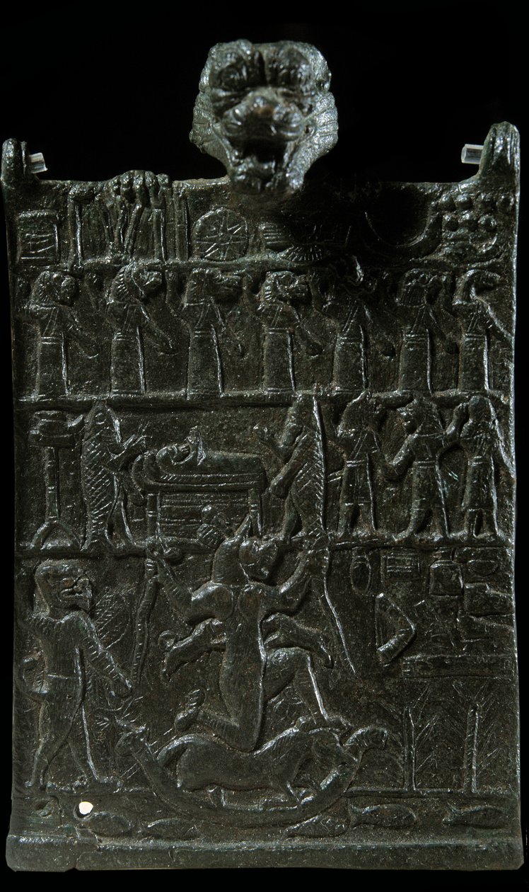 Mezopotamia: brązowa tablica zaklęcia przeciwko demonicznemu bóstwu Lamashtu. Przedstawienie sceny egzorcyzmów. Okres nowoasyryjski (w 1000-612 pne). 750 pne. Paryż, Luwr autorstwa Neo Assyrian Neo Assyrian