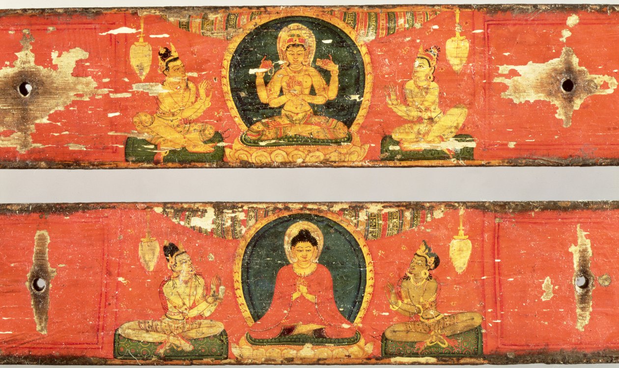 Siedzący Bodhisattwa (Prajnaparamita) (u góry) i Budda otoczony mandorlą (u dołu), detal z okładek Sutry, ok. 1100 (drewno polichromowane) (detal z 114238) autorstwa Nepalese School