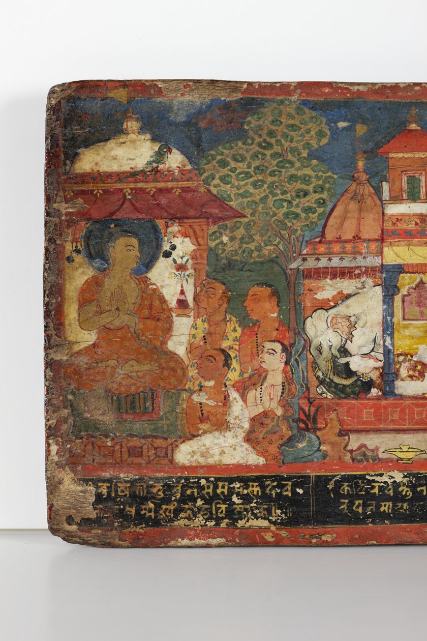 Detal z okładki rękopisu buddyjskiego (nieprzezroczyste wc na drewnie) autorstwa Nepalese School