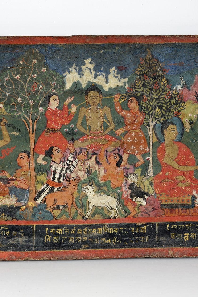 Detal z okładki rękopisu buddyjskiego (nieprzezroczyste wc na drewnie) autorstwa Nepalese School