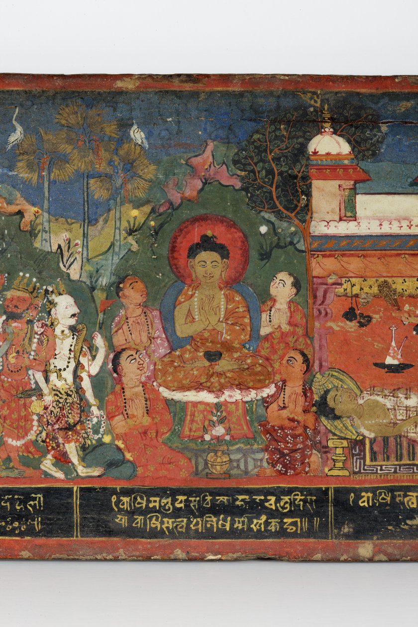 Detal z okładki rękopisu buddyjskiego (nieprzezroczyste wc na drewnie) autorstwa Nepalese School