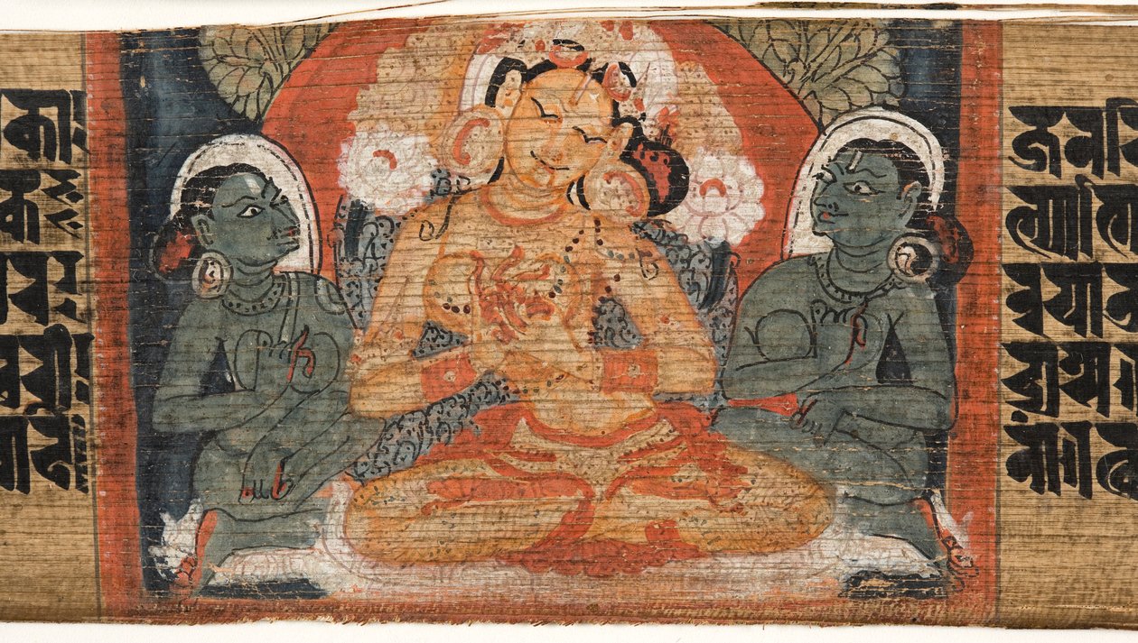 Folio 2r Bogini Prajnaparamita, z Astasahasrika Prajnaparamita (tusz i kolory na liściach palmowych i drewnie) (detal z 430760) autorstwa Nepalese School