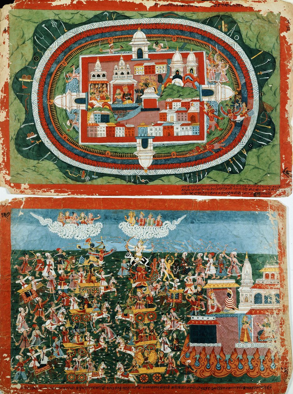 Krishna atakuje nie do zdobycia zamek Prag-jyoshita w celu odzyskania kolczyków Aditi, c. 1775 autorstwa Nepalese School