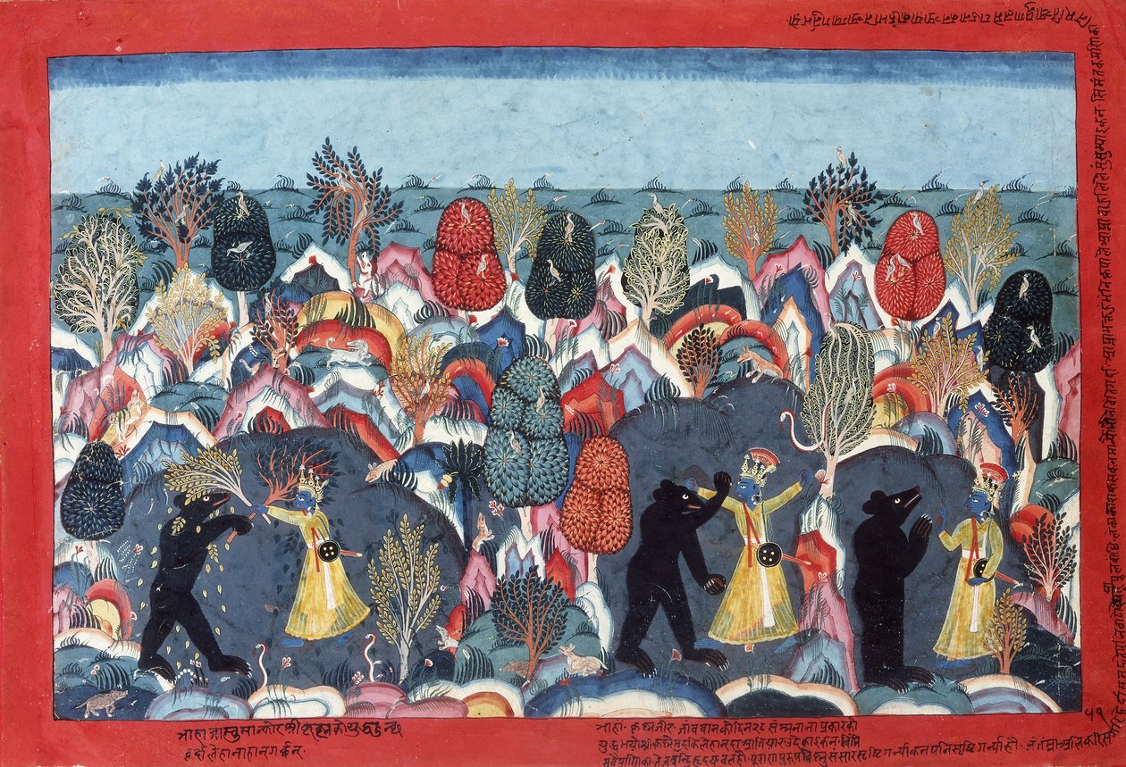 Kryszna walczący Jambavata, Król Niedźwiedzi, c. 1775 autorstwa Nepalese School