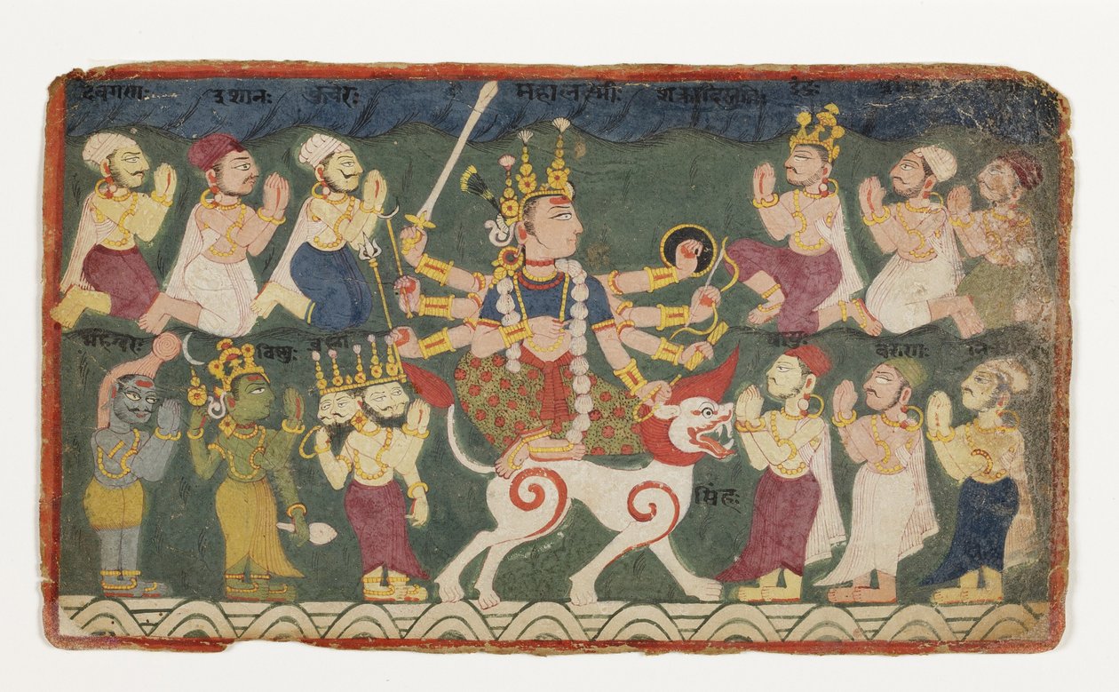 Mahalakshmi dosiadająca swojego lwa, z Devimahatmya, ok. 1750 (nieprzezroczysta toaleta na papierze) autorstwa Nepalese School