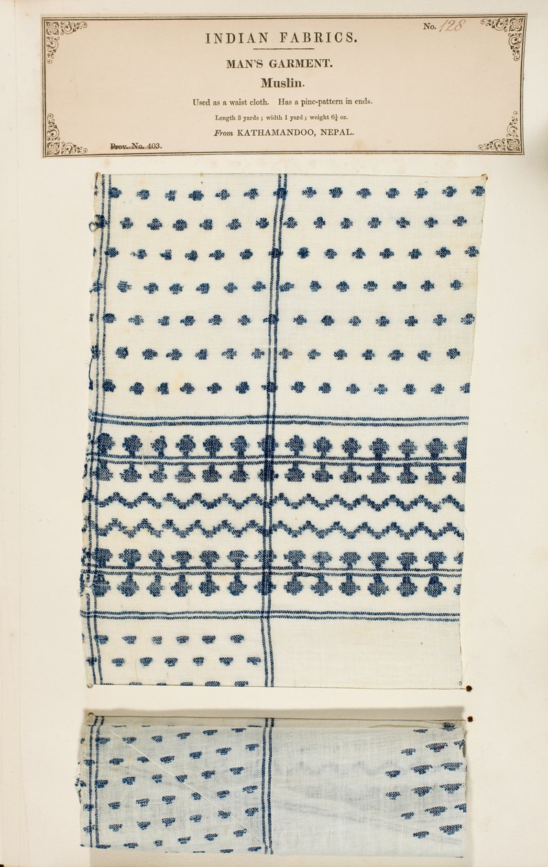 Próbka muślinu z Kathamandoo w Nepalu, z The Collection of the Textile Manufacturers of India, Johna Forbesa Watsona, opublikowana w 1866 roku autorstwa Nepalese School