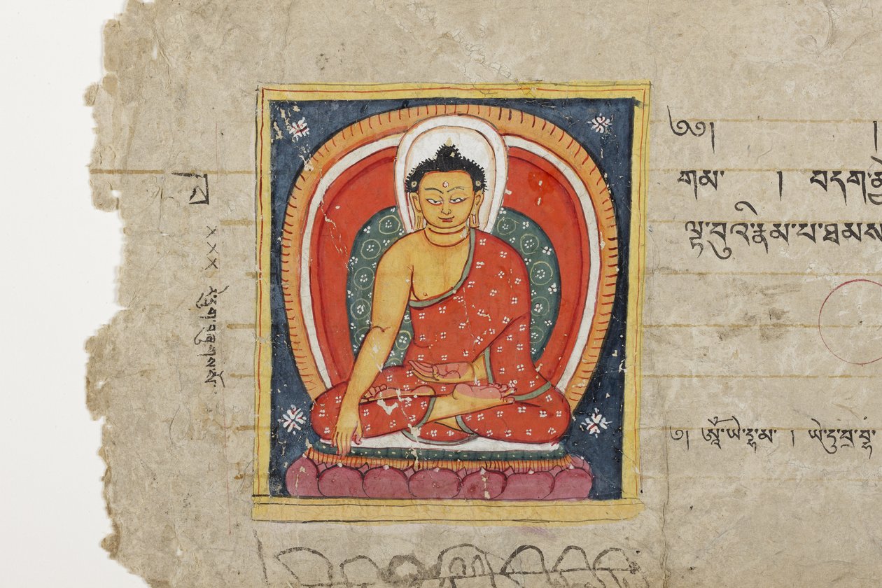 Strona z rękopisu buddyjskiego, prawdopodobnie z Mahashitalanika, ok. 1400 (nieprzezroczysta akwarela i tusz na papierze) autorstwa Nepalese School